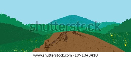 Landscape with , green forest and Mountain silhouettes with tire tracks on muddy road .  Splatter paint texture . Grunge background . Outdoor abstract illustration. vector.