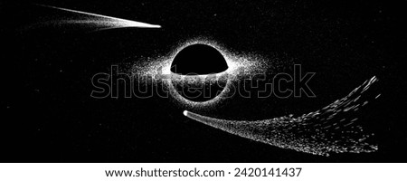 Black hole with disc of plasma eating dying star in space. Supermassive singularity in core off a galaxy, with noise texture . Event horizon .Vector illustration