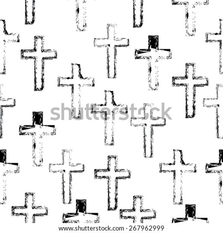 Vector Abstract Black and White Seamless Pattern with Grunge Crosses. Religion Background. Easter Theme.