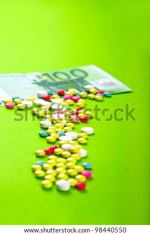 Pills and tablets with Euro bill on paper