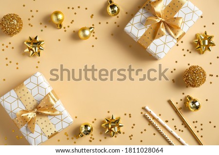 Similar – Foto Bild Weihnachtskomposition. Geschenkkarton mit und Weihnachtsdekoration auf dunklem Hintergrund, Draufsicht