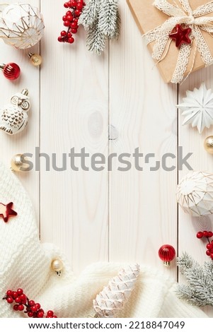 Similar – Image, Stock Photo Knitted Christmas tree, New Year baubles, xmas sock, snowflakes on light background  in minimal style. Decorative Christmas ornaments, new year and winter concept with copy space.