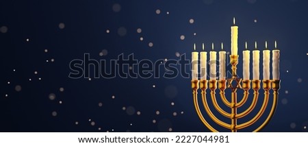 Hanukkah menorah with candles on dark blue background with snowfall. Happy Hanukkah banner template, greeting card design with Jewish candle holder. 3D rendering Сток-фото © 
