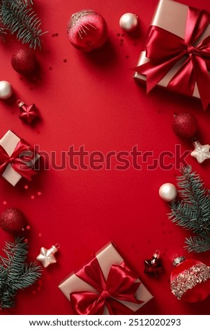 Similar – Image, Stock Photo Christmas background. Red table cloth with town of cute gingerbread houses decorated with icing, Christmas lights, glitter. Holiday mood.