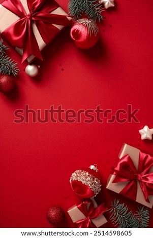 Image, Stock Photo Christmas background. Red table cloth with town of cute gingerbread houses decorated with icing, Christmas lights, glitter. Holiday mood.