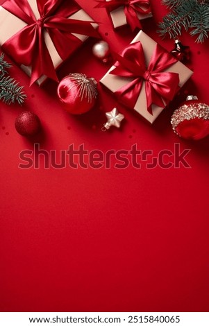 Similar – Image, Stock Photo Christmas background. Red table cloth with town of cute gingerbread houses decorated with icing, Christmas lights, glitter. Holiday mood.