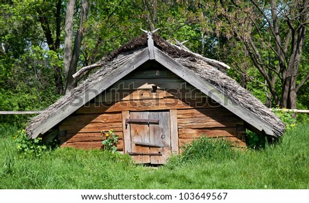 Ancient wooden cottage in meadow