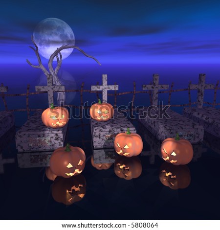 pumpkins in a cemetery during the Halloween\'s night