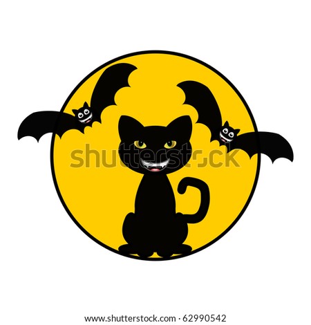 A Cat and Two Bats over a Yellow Moon Background