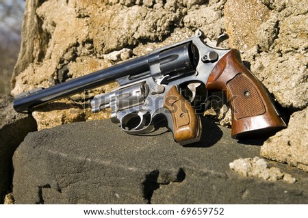 Two revolvers, one long barrel and one short.