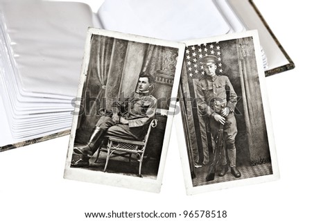 Two old images of a man in uniform with a photo album.