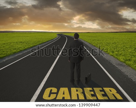 Moving up the career ladder. A businessman stands in the beginning. A long way. Make difficult choices. With the word Career on the road.