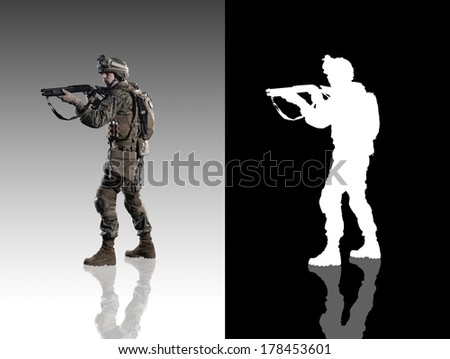 U.S. military marine. Studio shooting. with reflections. left turn view. isolated. With alpha channel.