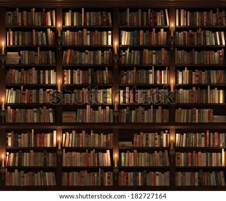 Two-storied Bookshelf. Seamless texture (vertically and horizontally). Background. Mysterious library with candle lighting.