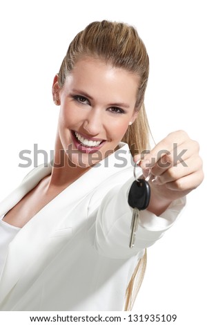 beautiful woman with a keys car on white background