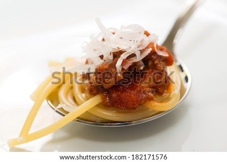 Spaghetti with tomato beef sauce on a spoon
