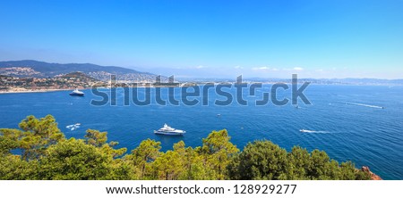 Cannes and La Napoule panoramic sea bay view, yachts and boats  from Theoule sur Mer. French Riviera, Azure Coast or Cote d Azur, Provence, France