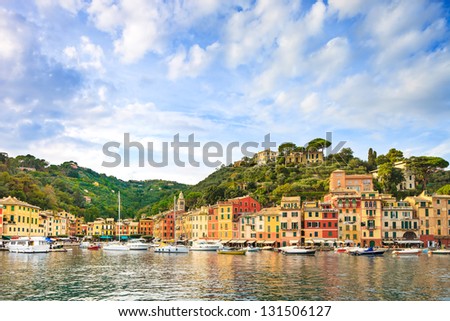 Portofino luxury landmark panorama. Village and yacht in little bay harbor. Liguria, Italy