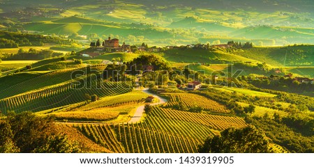 Langhe vineyards sunset panorama, Grinzane Cavour, Unesco Site, Piedmont, Northern Italy Europe.