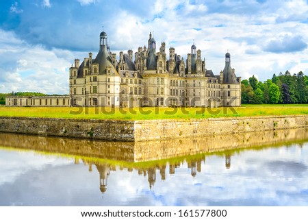Chateau de Chambord, royal medieval french castle and reflection. Loire Valley, France, Europe. Unesco heritage site