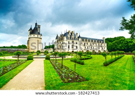 Chateau de Chenonceau royal medieval french castle and garden. Chenonceaux, Loire Valley, France, Europe. Unesco heritage site.