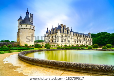 Chateau de Chenonceau royal medieval french castle and garden. Chenonceaux, Loire Valley, France, Europe. Unesco heritage site.