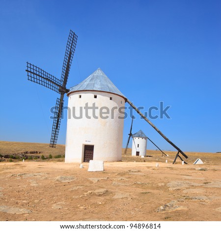 Cervantes\'s Don Quixote two windmills near Alcazar de San Juan, Castile - La Mancha, Spain.