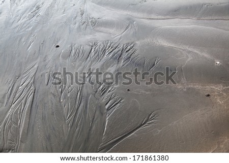 Close up of some wet mud and sand of beach with some water lines