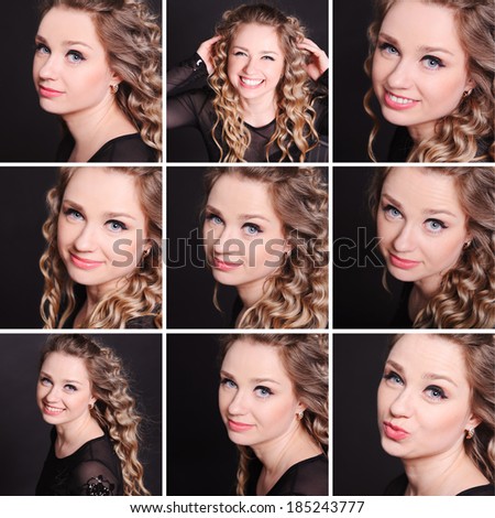 Collage of nine photos with beautiful young woman smiling