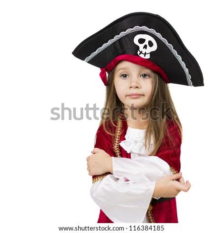 Little Girl Wearing Halloween Pirate Captain Costume Isolated On White ...