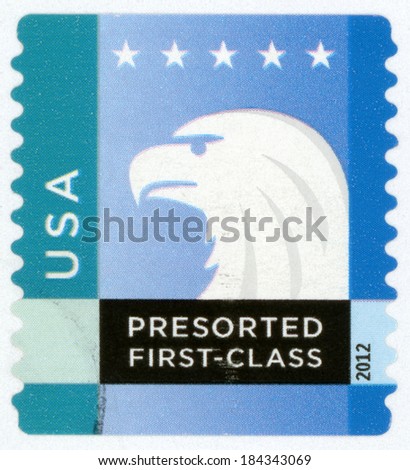 UNITED STATES - CIRCA 2012: presorted first class mail post stamp printed in USA shows profile head of spectrum bald eagle and five stars, 25c white blue, circa 2012