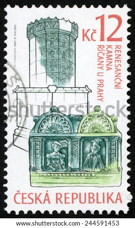CZECH REPUBLIC - CIRCA 2007: stamp printed in Ceska shows renaissance era stove and decorated tile with noble woman & man, Ricany u Prahy; historic stoves; Scott 3350 A1317 green blue 12k, circa 2007
