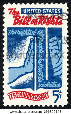 UNITED STATES - CIRCA 1966: stamp printed in USA shows bill of rights; 175th anniversary; freedom checking tyranny; nights of the people shall not be violated; Scott 1312 A734 5c blue red; circa 1966