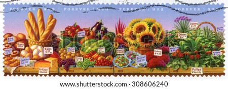 UNITED STATES OF AMERICA - CIRCA 2014: collection of four forever stamps printed in USA shows table with fresh food products, fruits, vegetables, flowers, herbs & plants; farmer\'s markets; circa 2014