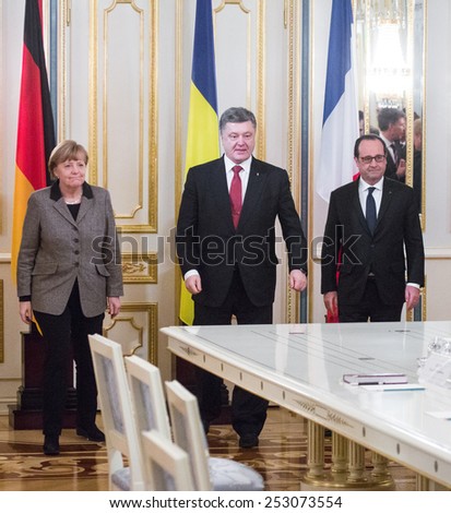 KYIV, UKRAINE - Feb 5, 2015: French President Francois Hollande and Chancellor of the Federal Republic of Germany Angela Merkel during an official meeting with President of Ukraine Petro Poroshenko
