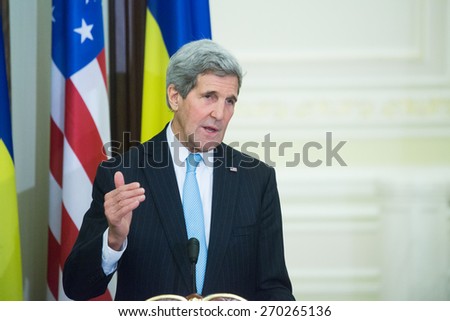 KYIV, UKRAINE - FEB 05, 2015: United States Secretary of State John Kerry during an official press-briefing in the Administration of the President of Ukraine. Ukraine. February 05, 2015.