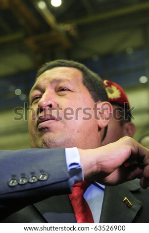 Kyiv - OCT 18, 2010: President of Venezuela Hugo Chavez during a state visit to Ukraine, on Aircraft Plant \