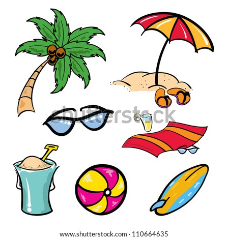 Various Cartoon Beach Aquatic Tropical Items Stock Vector Illustration ...