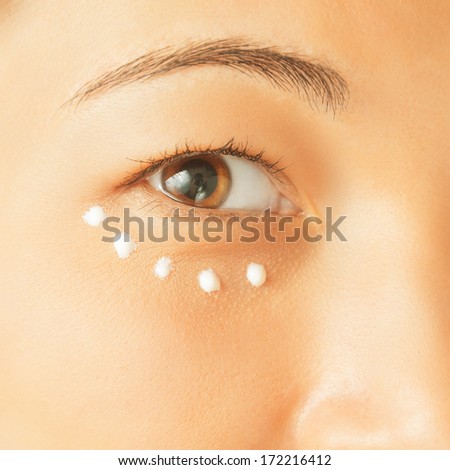 Female eye with applying cream on skin around eye, close-up