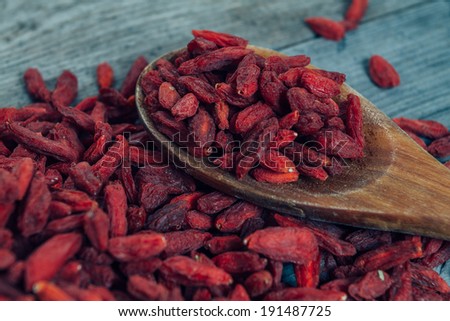 Red useful goji berries on a wooden spoon