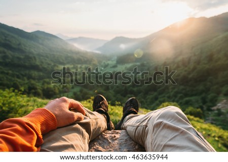 Similar – Foto Bild Blickwinkelaufnahme einer Wanderin, die vor einem Wasserfall isst