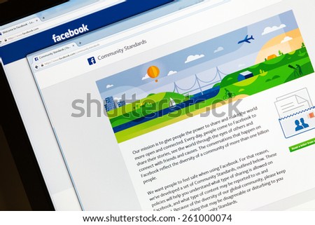 Bucharest, Romania - March 16,2015: Photo of Facebook's new updated Community Standards page on a monitor screen - it presents, explains and clarifies guides,policies and rules.