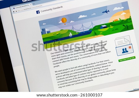 Bucharest, Romania - March 16,2015: Photo of Facebook\'s new updated Community Standards page on a monitor screen - it presents, explains and clarifies guides,policies and rules.