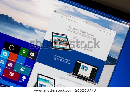Bucharest, Romania - March 31, 2015: New Microsoft Edge (Project Spartan) Internet Browser in Windows 10 technical preview running in a virtual machine on a pc screen. it is set for release in 2015