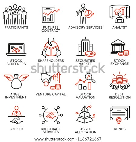 Vector set of linear icons related to trade service, investment strategy and management. Mono line pictograms and infographics design elements - part 2