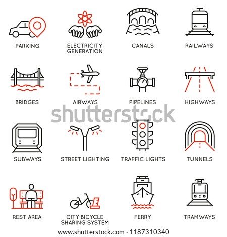Vector set of thin linear 16 icons related to facility management, smart city and urban development. Mono line pictograms and infographics design elements - part 1