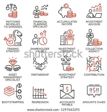 Vector set of linear icons related to investment, financial advice and business management. Mono line pictograms and infographics design elements - part 2