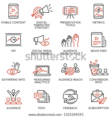 Vector set of linear icons related to  influence marketing and social media promotion services. Mono line pictograms and infographics design elements - part 1
