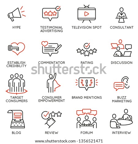 Vector set of linear icons related to influence marketing and social media promotion services. Mono line pictograms and infographics design elements - part 3