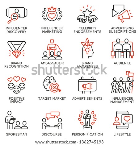 Vector set of linear icons related to influence marketing and social media promotion services. Mono line pictograms and infographics design elements - part 4